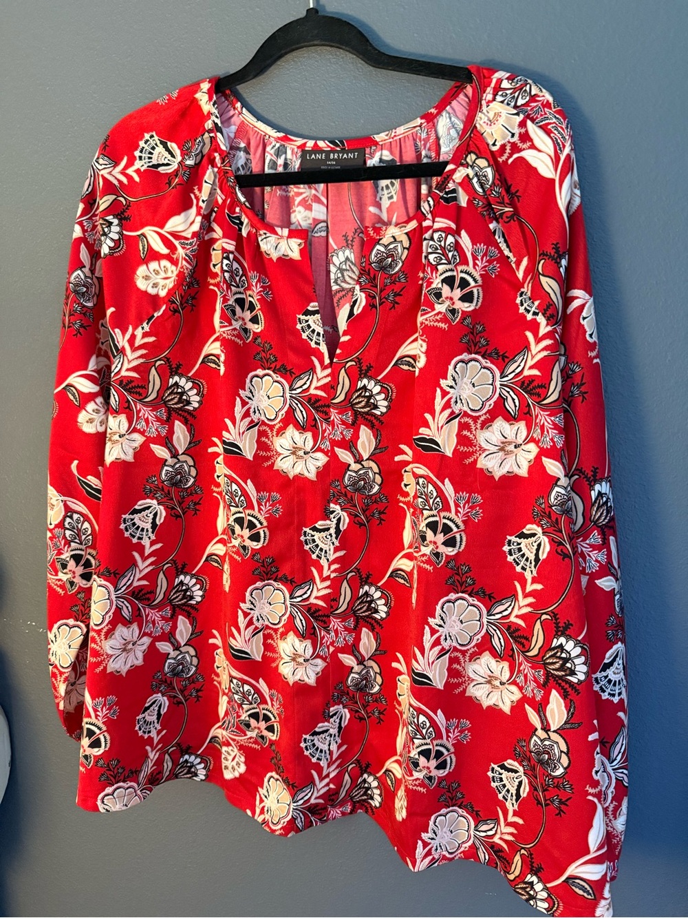 Lane Bryant Red Floral Split V-Neck Peasant Blouse